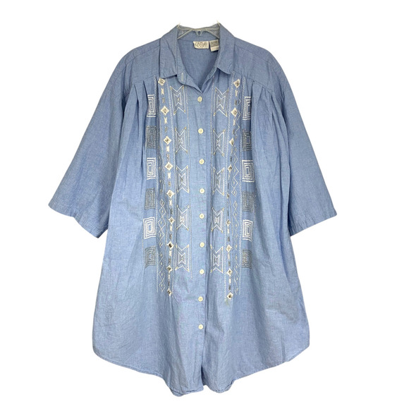 Go Softly Denim Patio Dress Plus Sz 1X Embroidered Beaded Button Front Pockets - Picture 2 of 7